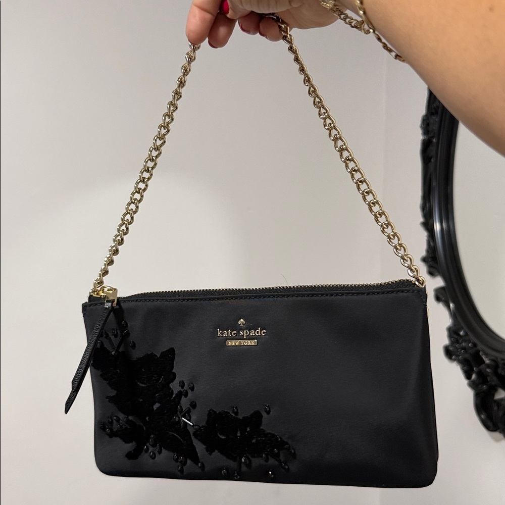kate spade Y2k black satin floral appliqué crossbody with gold chain